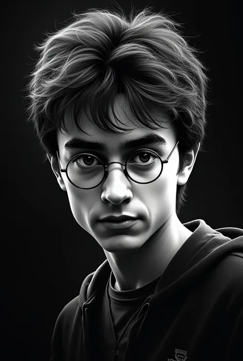 Detailed black and white Harry Potter vector art, highly detailed, high contrast, white on black background, hyper-realistic in photorealistic illustration style. -ar 3:4