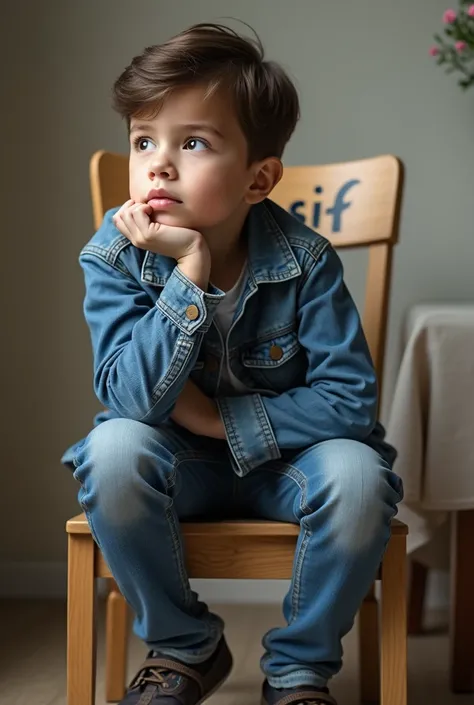 A photo of a smart boy sitting with his feet on the leg of a chair and the boy is wearing jeans and a jeans shirt. And on the chair is written ASIF.