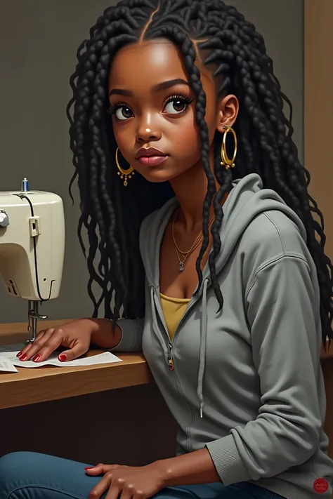 A light skinned african girl sited on a stool near a sewing machine. Her hair is long and twisted, her face is slim, her ears are partly covered by some of the twisted dreads and decorated by circular english golden earings. Her chest is medium sized and c...