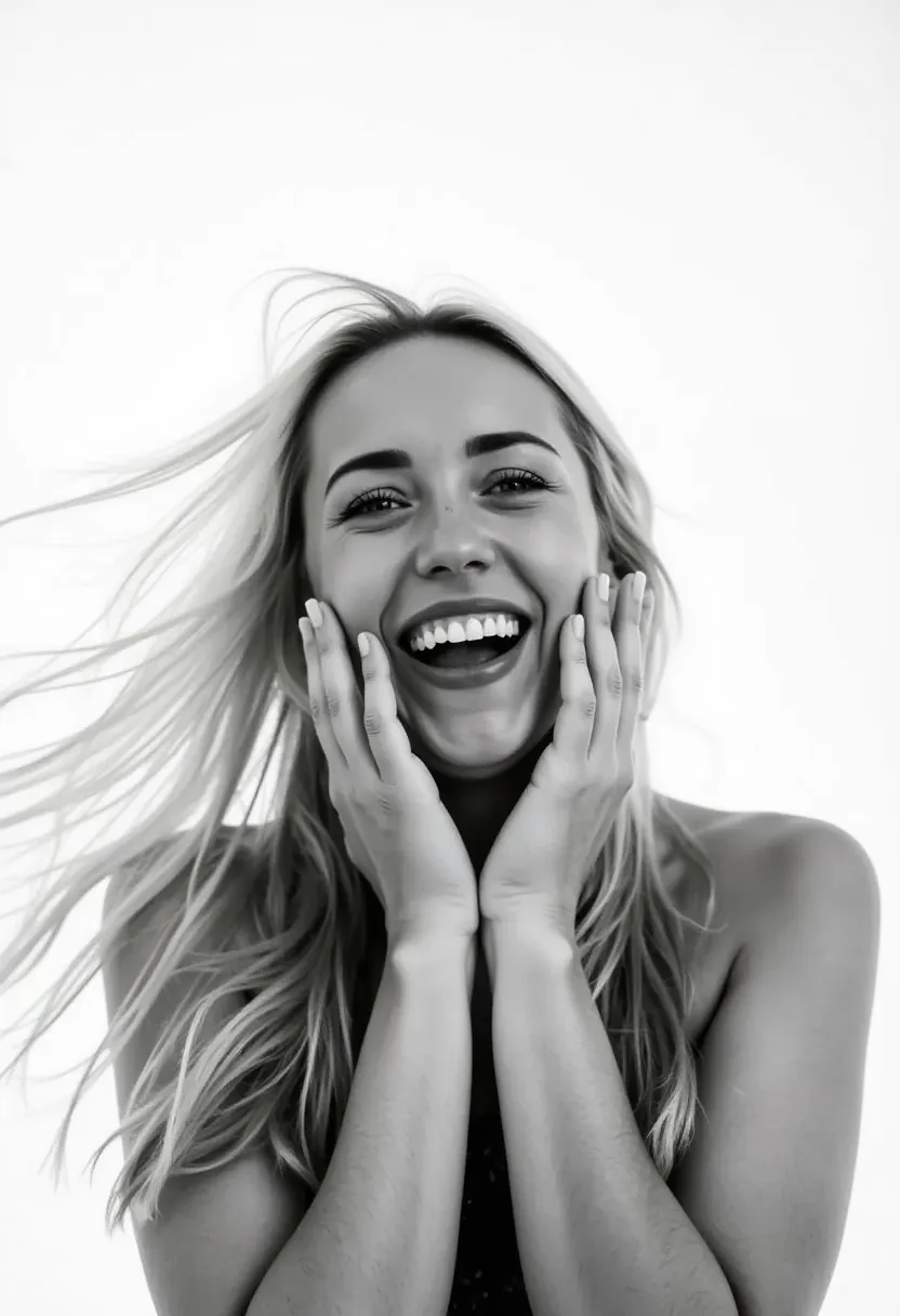 black and white extreme close-up photograph of a woman smiling and laughing, covering her mouth with her hands, staring at the v...