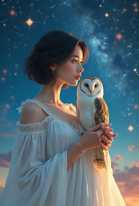 a woman in a white nightie holding a barn owl, beautiful night sky, photorealistic photography, highly photographic rendering, realistic face and body hybrid, short straight black and copper hair, pastel artwork, realms, artist used a bright female druid, ...