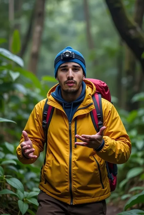 Real human. Photo, habib is Indonesian   man, medium body,  short straight black hair, white skin, black expressive eyes, medium body,  wearing zipped up yellow jacket, brown  pant, head lamp on his foregeound head, blue beannie, carrying red backpack,  he...