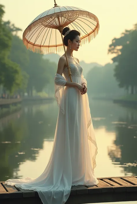 Burmese woman in a white traditional clothes holding an umbrella on a bridge