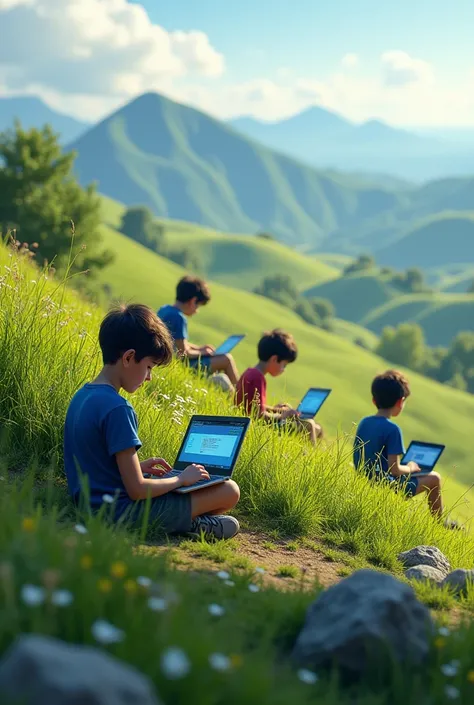 Young boys of hilly region are studying in their personal laptops and they are sitting in the ground of the hill