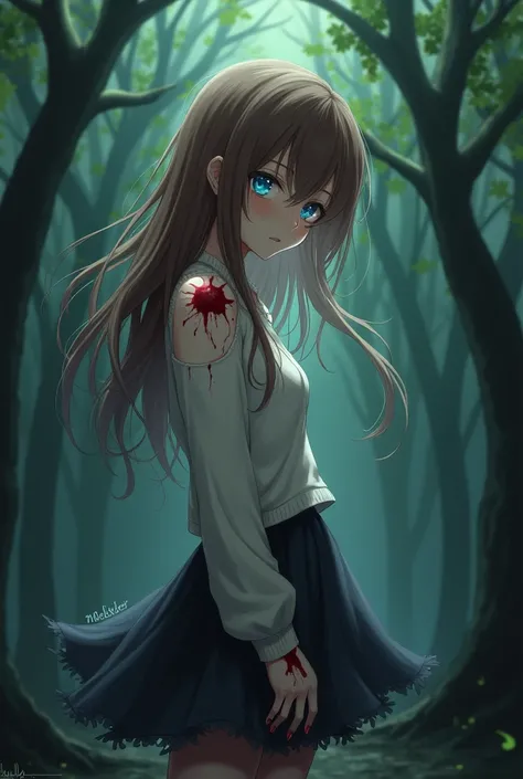  anime zombie girl with brown hair and blue eyes eyes ,  wears a white sweater and a black skirt .  She is very pale and a zombie bites her shoulder and now she is also a zombie. It all takes place in the forest .