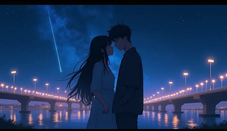 Under the Stars, A girl and a boy watching the bright lights on the bridge。  The sky is dotted with countless stars , A shooting star streaks across the sky,  lighting up the area next to the characters face .  Cyberpunk art inspired by Liam Wong {x} When ...