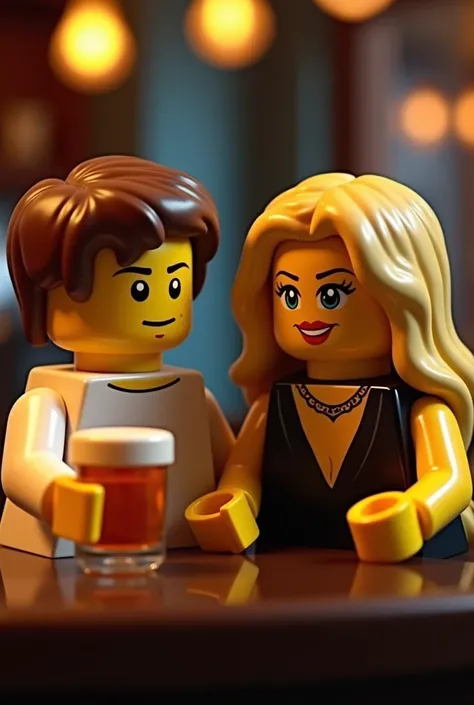 Two Lego figures sitting next to each other at a private bar.The male figure has a drink in his hand . One is male ,  brown hair ,  brown eyes and a white T-shirt .  The other is female ,  blonde hair, blue/ green eyes and black top . she grins