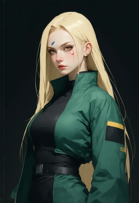 （（（perfect figure，figure，Alone， White and tender skin，（（（cyberpunk，Tsunade, Japanese clothes, sash, jacket，A tea green long jacket with black edges, black belt,  ））），（（（T5un4D3, Light yellow long hair, blue purple mark on forehead, light yellow thin short ...