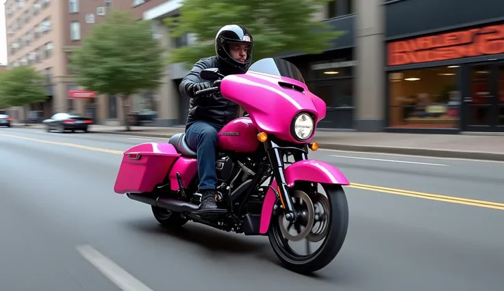 Create an image of the (2025 Harley Davidson street glide) color pink cornering at high speed, in city demonstrating its agility and handling capabilities.