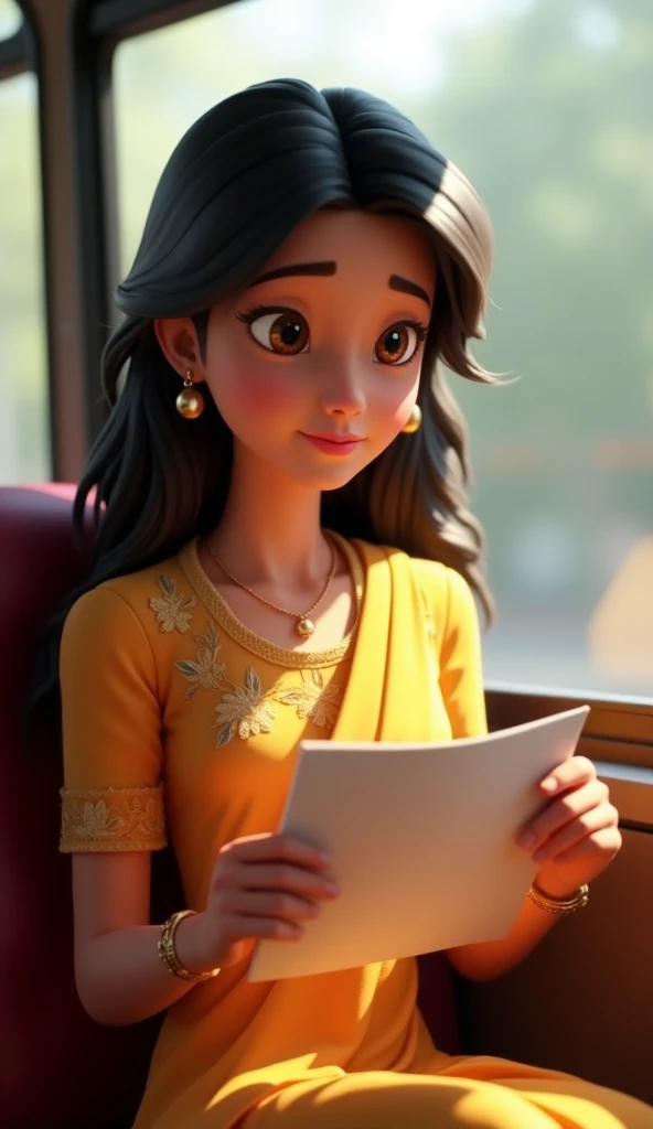 Close-up a 20 years old girl sitting in the bus reading a letter 3D animation, wear attractive clothes in suit salwar, good figure,