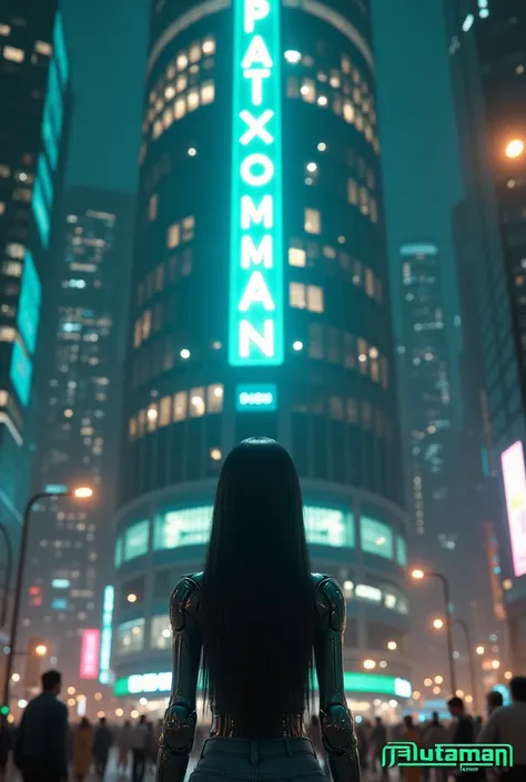 photorealistic
, building, front view, city night, modern tall building with a vertical neon sign saying Automan, building in many crowd, soft glow from windows, subtle city soundscape, hyper realism, 16K UHD, riched detail

A female robot with long black ...