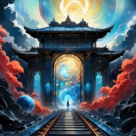  An ethereal train ， and is decorated with celestial motifs and sacred symbols of Hindu gods ， rushing towards a huge, ornate gate  ,   The scene captures the precise moment of collision when the train begins to melt and disappear into the mysterious energ...