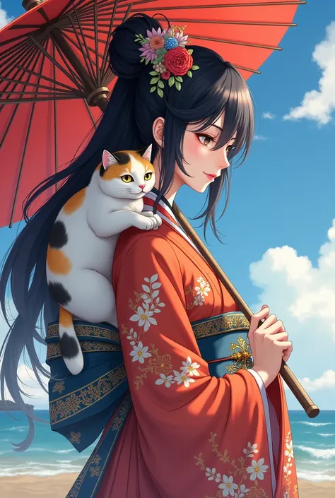 I want you to create Japanese princess Yaehime in Japanese traditional cloth.he is carrying her Japanese chubby cat on her shoulder..she is also holding the Japanese traditional umbrella and opening it and holding it..she has black long. Make in anime styl...