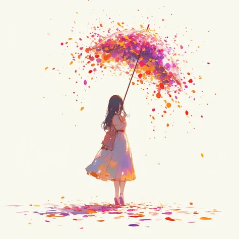 
1girl(holding umbrella(transparent,mass amount of petals decorate umbrella)), mass amount of petals filling in the air. petals cover ground. minimalism, simplism1girl, Long Hair, Impressionism, Long Hair, High Resolution, 