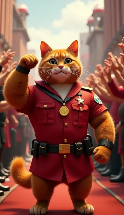 In cinematic 3D style, HD image ,realistic image, colourful image.
Character, a muscular Johnny big Orange cat wearing red rescue officer dress.
Action,You can see Muscular Johnny Big Orange Cat wearing a gold medal around his neck and saluting with lots o...