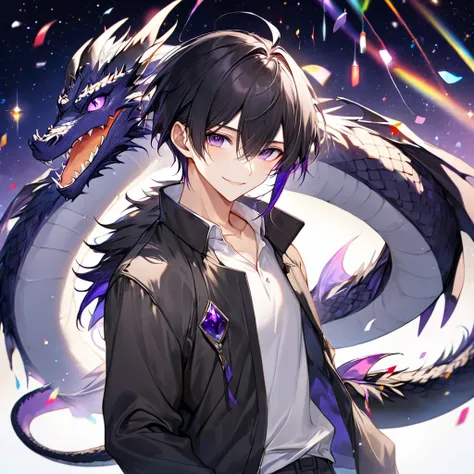 (masterpiece), best quality, expressive eyes, perfect face ((high quality)), ((8K Ultra HD)), anime, 1male, solo, dragon guy, purple eyes, short hair, black hair, smooth hair, dragon tail, purple tail, fur tip tail, no horns, no wings, black jacket, white ...