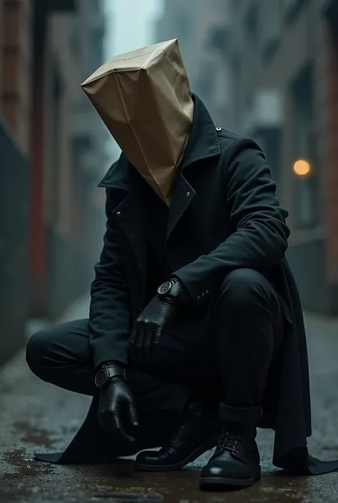 Male assassin with paper 
bag on his head
