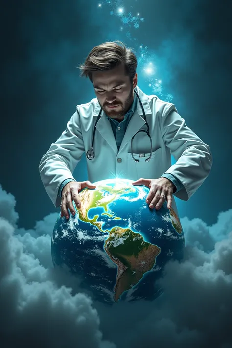 A doctordoing  surgery of earth in surgery , he removing negativety and putting positivety in earth