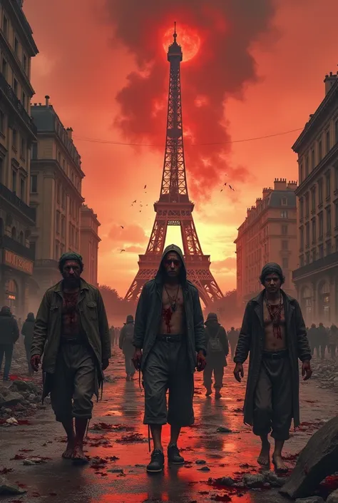 Suite au ravage de la bombe atomique sur paris, des pauvres gens le corp en lambeaux hère dans les rues de Paris,au fond dela rue on voi la tour Eiffel brisé en deux et des déchets partout au sol le ciel est rouge et apocalyptique les gens on des vêtements...