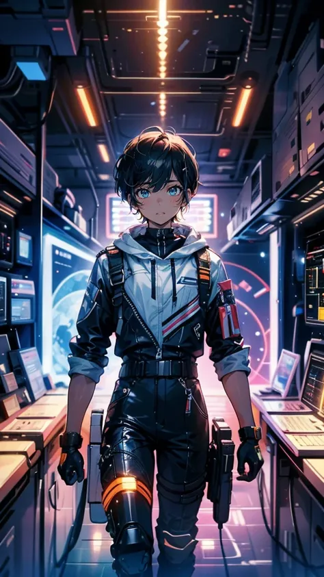 A young male space engineer in his early 20s with a lean, athletic build. He has short brown hair, light stubble, and a focused expression as he works on repairing a futuristic spacecraft. He wears a high-tech utility jumpsuit with various tool attachments...