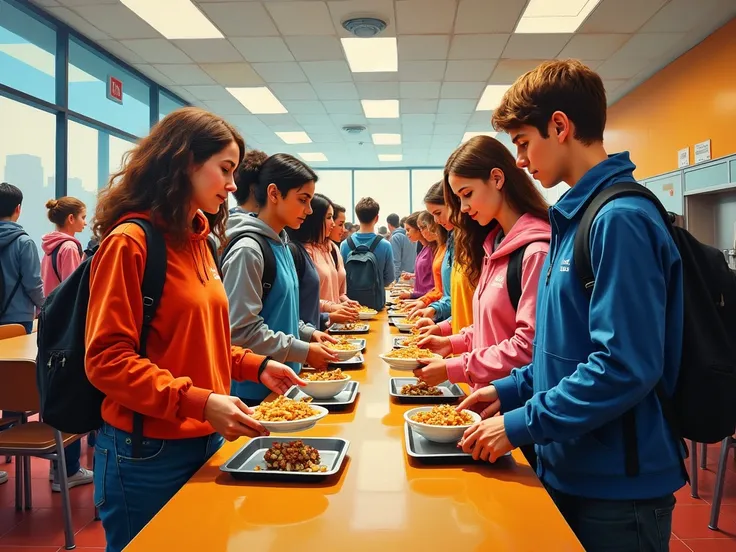 A large cafeteria painting and a cafeteria with students with tickets 