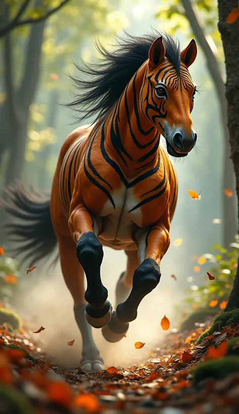 "A muscular hybrid creature, blending the raw power of a Bengal tiger with the elegance of a horse, is captured mid-stride as it runs through a dense forest. Its fiery orange body, adorned with bold black stripes, exudes strength, while its powerful horse-...