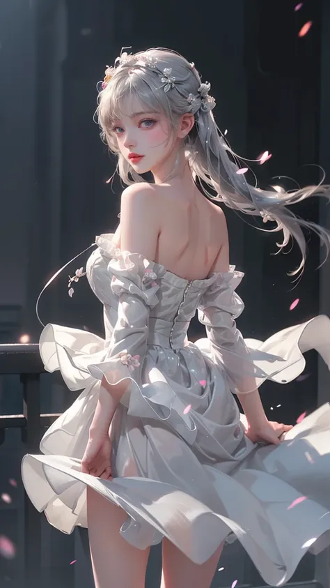 (( girl standing on the balcony of the old castle ))、((Rear View))、(( Looking Back))、Fluorescent color、 one girl 、Side-facing figure 、 beautiful face、 beautiful eyes、( shoulder-width apart :1.2)、 upper body、Shiny Hair、Glowing Skin、 reduce glare 、 adjust fi...