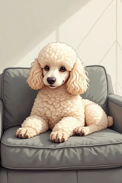 Draw a cream-colored poodle sitting on a gray sofa in an illustration format with a crayfish texture so it doesnt look like it was drawn by AI