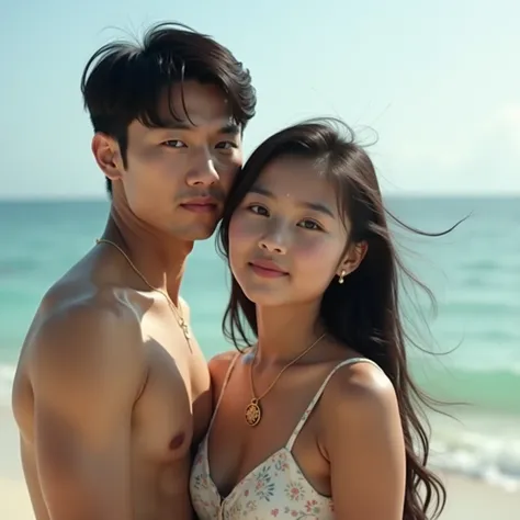  Professional photography of a handsome young Korean man , posing in front of the camera  , wearing a gold necklace around the neck of a beautiful young Indonesian girl, from the back position  ,  on a beautiful panoramic beach . ultrahd, realistic, looks ...