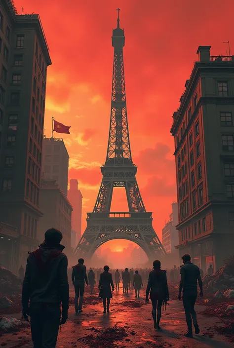 Suite au ravage de la bombe atomique sur paris, des pauvres gens le corp en lambeaux hère dans les rues de Paris,au fond dela rue on voi la tour Eiffel brisé en deux et des déchets partout au sol le ciel est rouge et apocalyptique les gens on des vêtements...