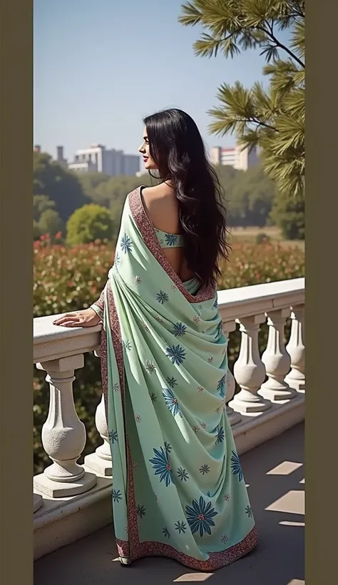 A highly detailed and realistic depiction of a woman standing outdoors, viewed from behind. She is wearing a modern, stylish saree with intricate patterns, elegantly draped to reveal her back and waistline (kamar) in a graceful manner. The saree features v...