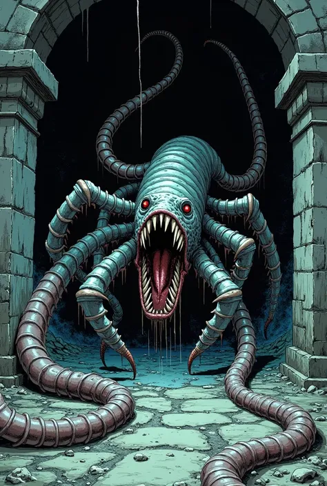 Make a mutant centipede from another dimension in an old dungeon in the Gothic comic style of the 80s
