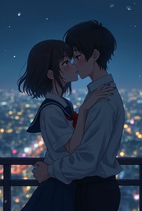 Anime girl with Japanese uniform have medium breast. She is kissing and hugging her brother. The railing is behind their. The city is under the railing at night