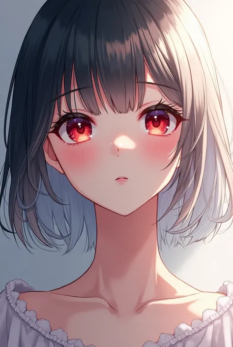 Beautiful anime woman with red eyes and medium white black hair
