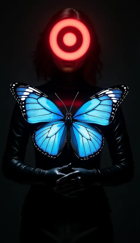 black background  ,       monochrome      ,        woman in a leather top wearing black gloves instead of a red target head, instead of a head, a red target   ,  looks like an electric charge blue   ,   holds a huge bioluminescent lacy blue butterfly  