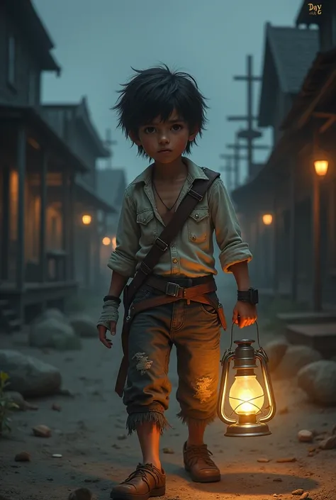 A rugged  boy and hair is  small with a determined expression holding a glowing lantern in his right hand, wearing a torn white shirt with visible dirt stains and a leather strap across his chest. His left hand is bandaged, and he wears a black watch on hi...