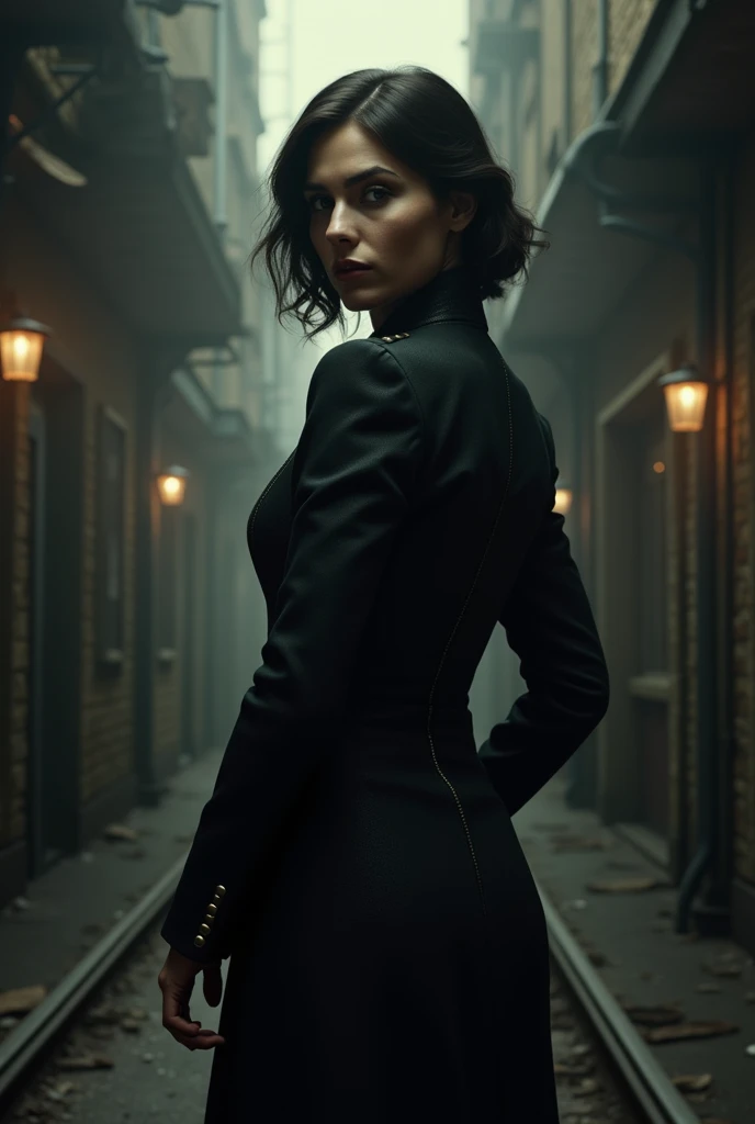 Lizzie Shelby en brune dans peaky blinders de dos qui regarde la caméra