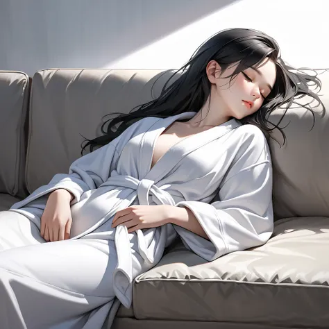 Ultra-realism
young woman sleeping 
lean back on the sofa
Black hair
white bathrobe
