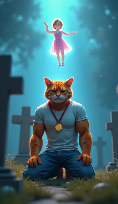 In cinematic 3D style, HD image ,realistic image, colourful image.
Character, a muscular Johnny big Orange cat wearing white t-shirt and blue jeans.
Action,You, the muscular Johnny big orange cat, is wearing a gold medal on his neck and is sitting on his k...