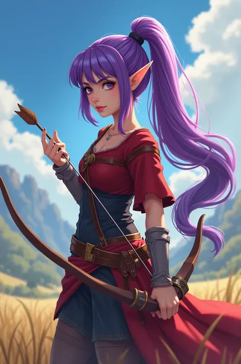  best quality,  greatest masterpiece,  highest resolution， (Dragon Quest 10　Elf Woman ), （battlefield_background）， purple _ ponytail，Barbarian， woman holding a bow and arrow， anime style, （4K）, Alone， ((whole body)) ，  looking at the camera,  hyperdetail, ...