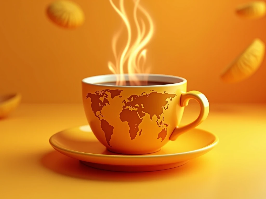 Golden coffee cup, filled with steaming dark brown coffee, world map design.  Warm, vibrant,  orange-yellow hue dominates the cup and saucer.  Steam rises in a dynamic, swirling motion from the hot coffee.  The world map design on the cups exterior is clea...