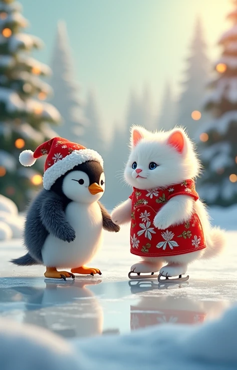 Fluffy white cat and pinguïn wearing a Christmas floral overal, cap and white figure skates. Background Christmas on ice with Christmas trees