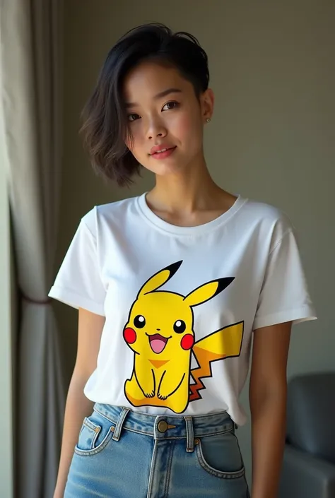 young Indonesian woman with an ultra-short, slicked wet masculine very short crewcut haircut, a little chubbier, wearing a white crop top t-shirt with pokemon picture character, and denim mini skirt, standing with a slight smile, posing like a model, indoo...