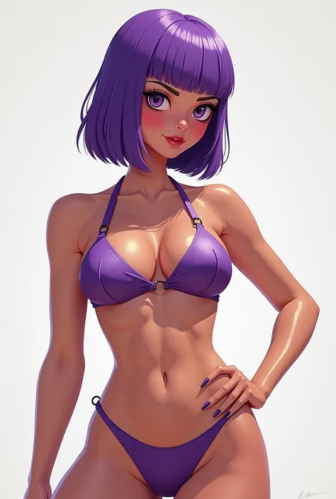 A purple bob cut hair girl in a bikini full body art