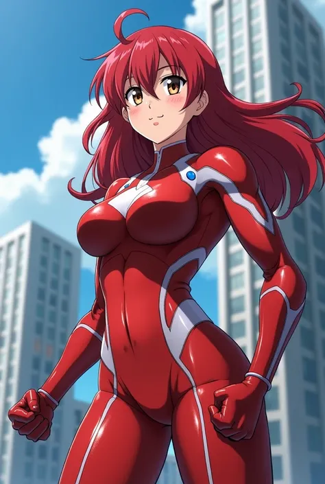  My Hero Academia style ,   anime girl , woman, young woman ,  full body shot ,( Fighting Stance :1.3),Long Hair,  red hair,   brown eyes , hero suit, Full Body Suit,  red suit with white details, perfect anatomy,  enhanced abs , super detailed,(building:1...