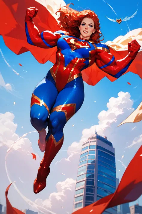 A superhero with a costume in red and white and blue, a patriotic hero, gold trim to accessorize everything, flying in a masculine heroic pose