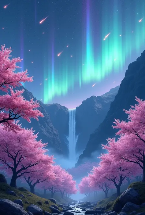 A peaceful cherry blossom forest, in the midnight time, with ten big comets fly through, an majestic aurora, a waterfall flows from the cliff of mountain, 4k, full HD, super details, ultra HD details, masterpiece stunning art, best quality, unreal beauty