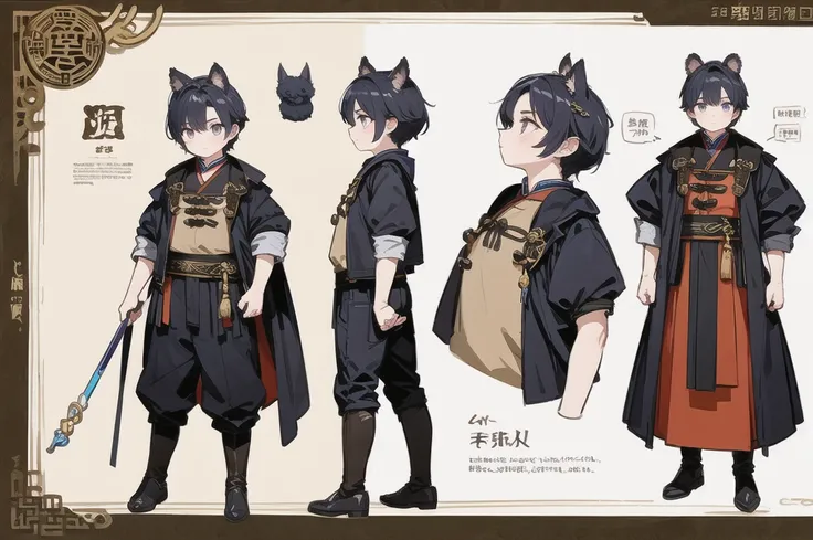 ((Chinese-style standing picture of a boy with beast ears)),（solo,Werewolf Boy model sheet, Characters in the same costume are drawn from a front, back, left, left, right angle), 