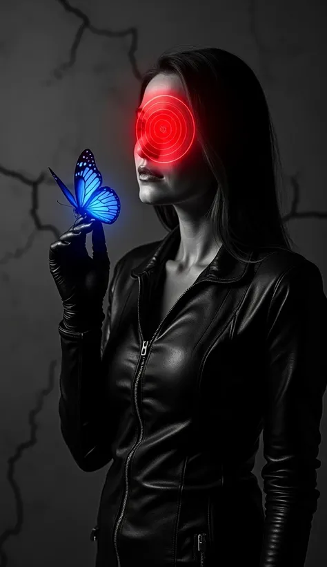  black background in cracks  ,      monochrome     ,       woman in leather top wearing black gloves red target instead of head, a connected head to an outlet   ,  looks like an electric charge blue , blue butterfly in hand  