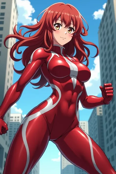  My Hero Academia style ,   anime girl , woman, young woman ,  full body shot ,( Fighting Stance :1.3),Long Hair,  red hair,   brown eyes , hero suit, Full Body Suit,  red suit with white details, perfect anatomy,  enhanced abs , super detailed,(building:1...